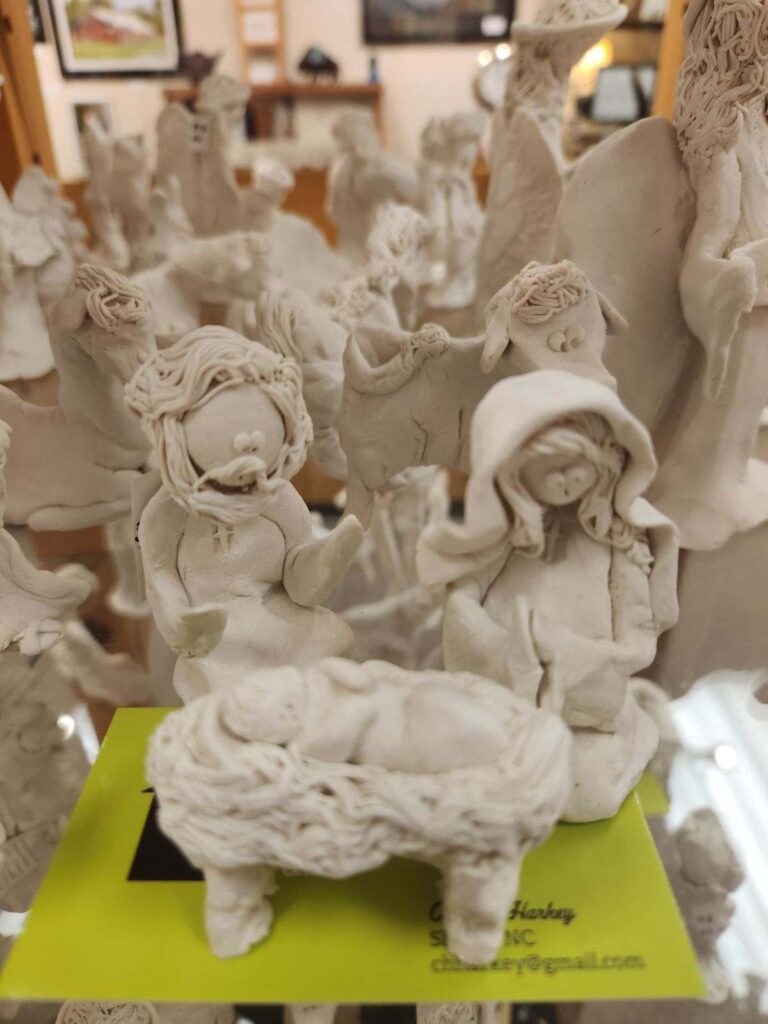 handmade clay nativity at art gallery